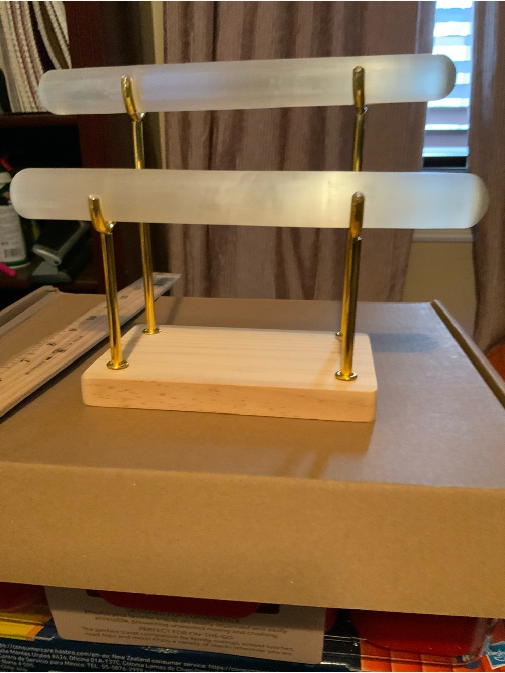 Wood & selenite crystal Jewelry Stand with Gold Accents